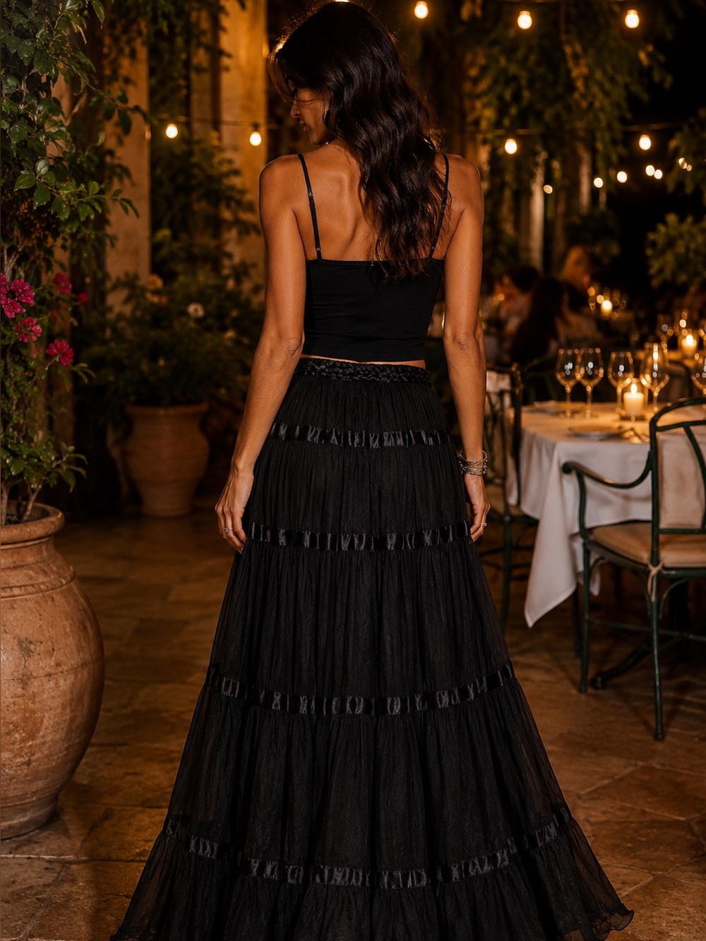 Laundry by Shelli Segal Black Beaded Tiered Maxi Skirt Boho Y2K Size 4 - Picture 3 of 6